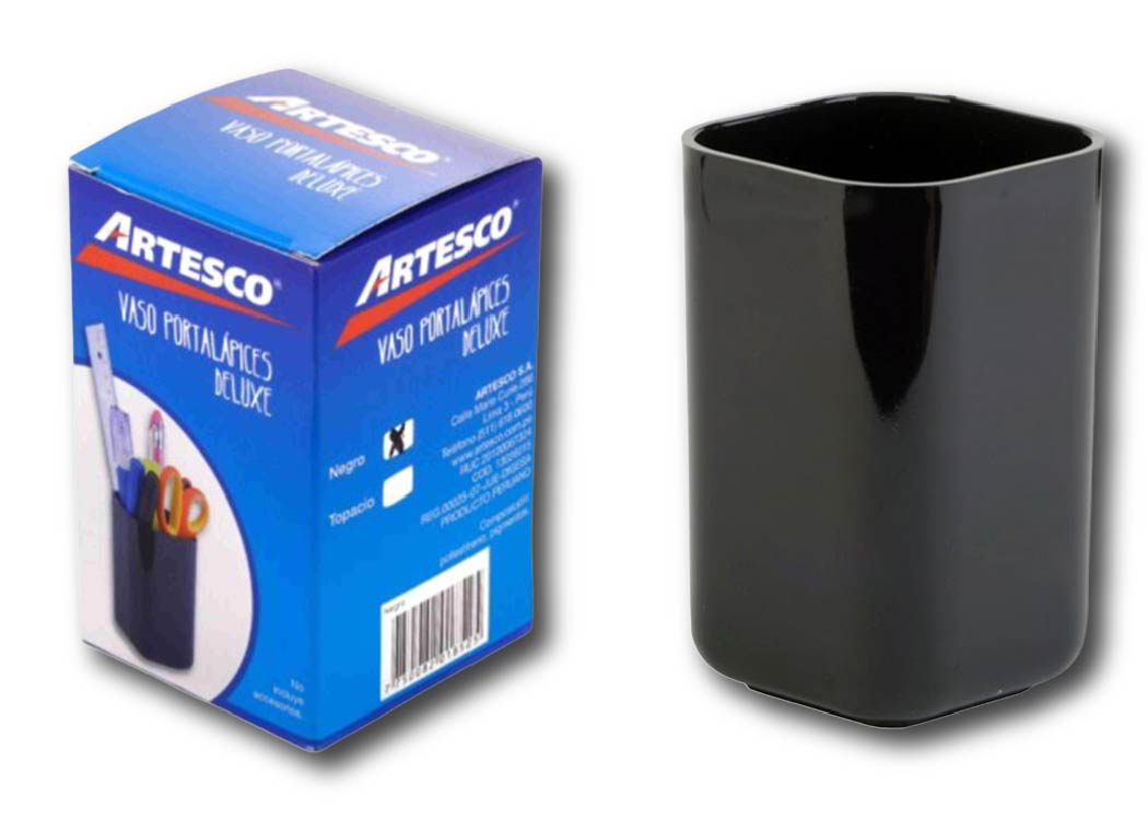 VASO PLASTICO CUADRADO NEGRO PORTALAPICES DE ESCRITORIO